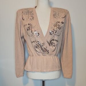 Vintage 80s St. John by Marie Gray Sequin Knit Peplum Sweater Top Shoulder Pads